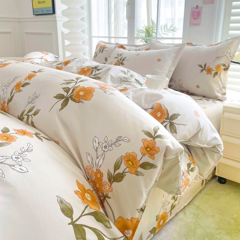 4pcs Yellow Floral Bedding Set - Linen Duvet Cover ulasan dan harga